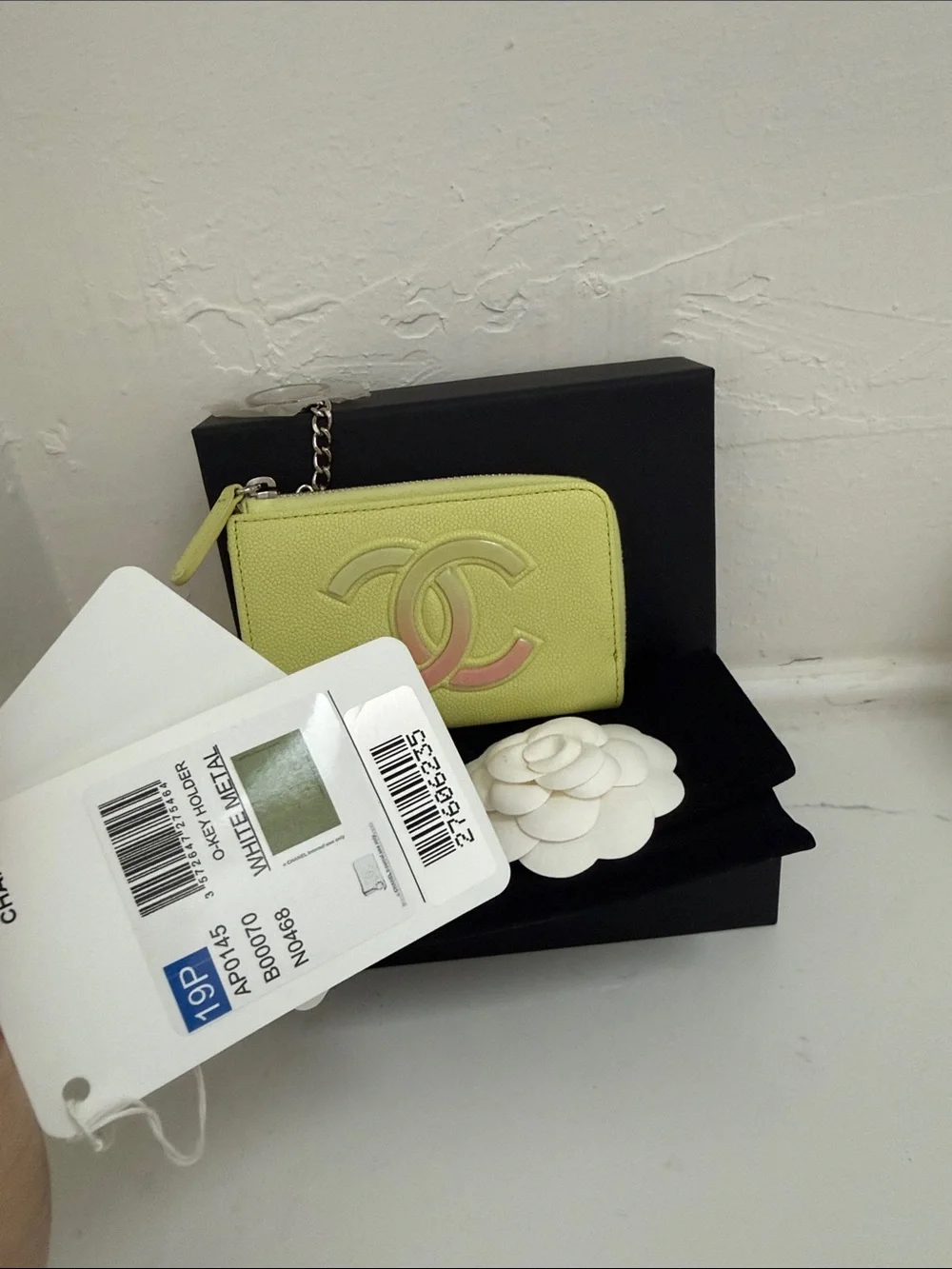 CHANEL Lemon Yellow CC Logo Key Card Holder with Chain